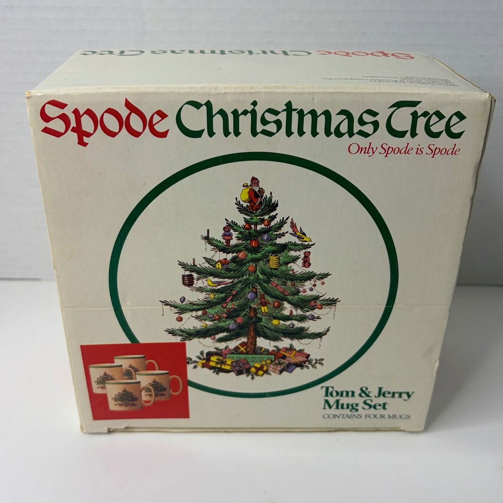 Vtg Spode Christmas Tree Tom & Jerry Mug Set of 4 England S3324-R Green Trim